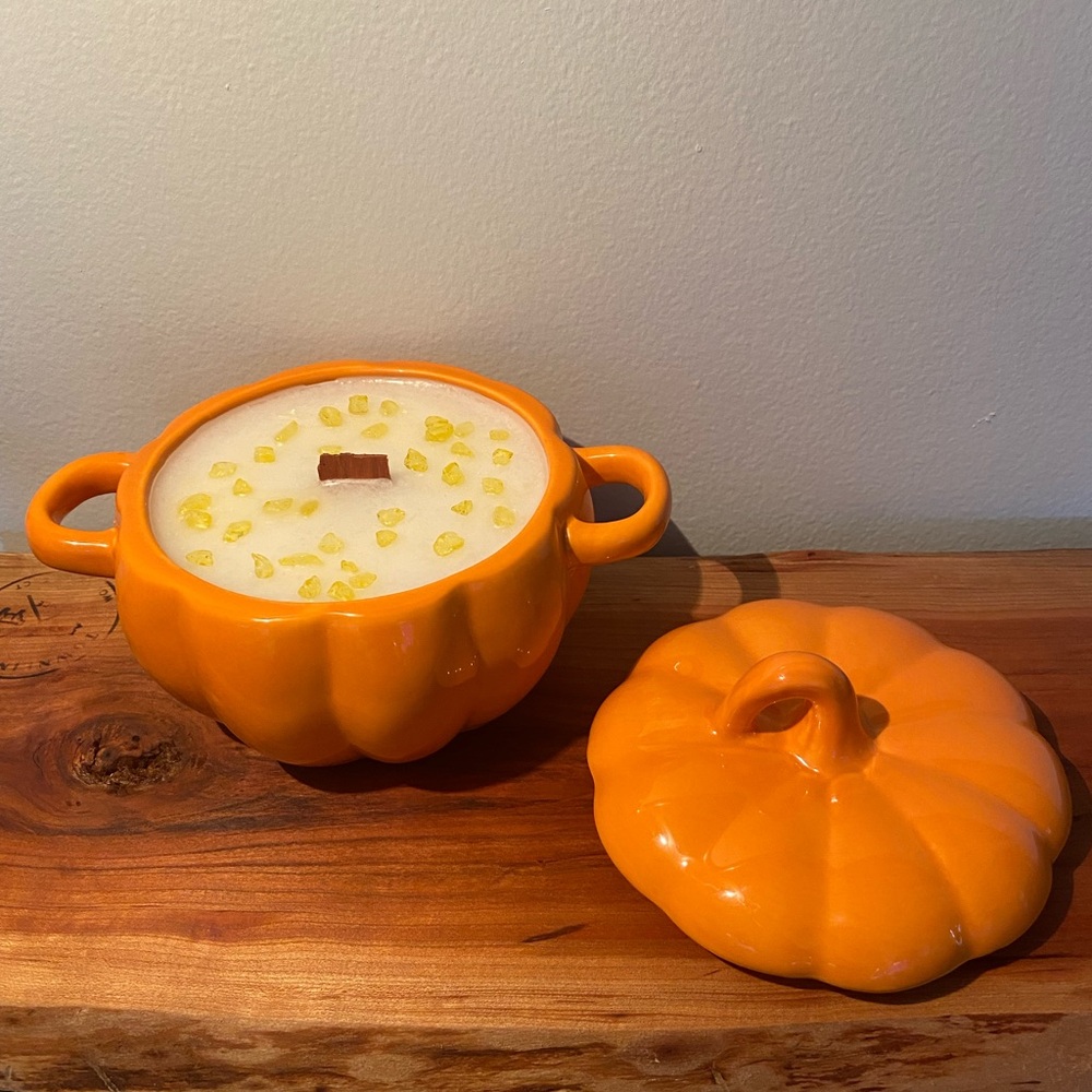 Handmade Pumpkin Ceramic (Reusable Oven Safe Dish) Candle with Citrine Crystals